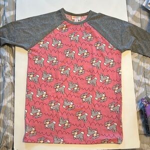 LuLaRoe Pink and Gray Cartoon Raglan Shirt